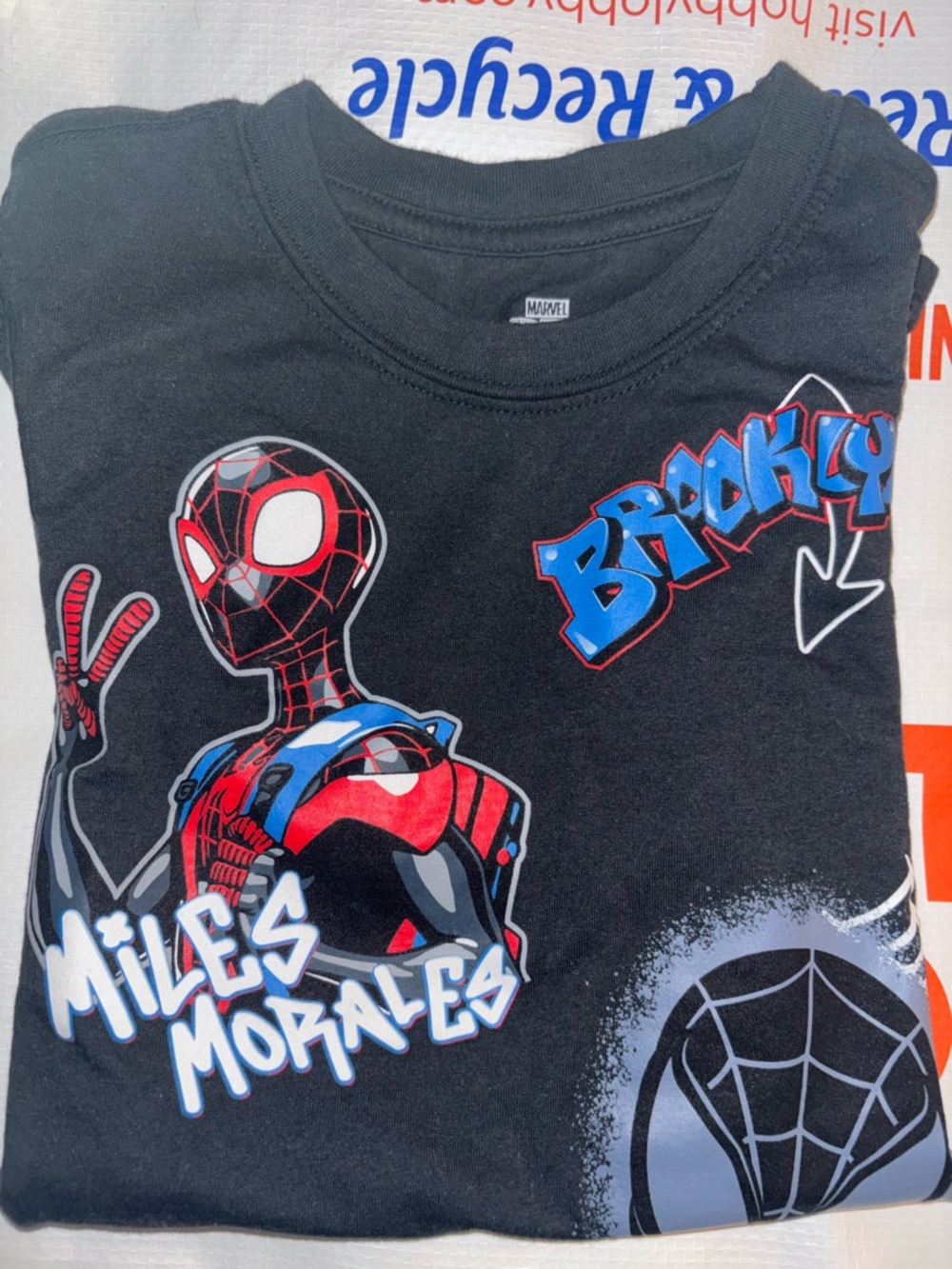 Marvel Black Spider-Man Miles Morales Graffiti Tee with Red & Blue Accents